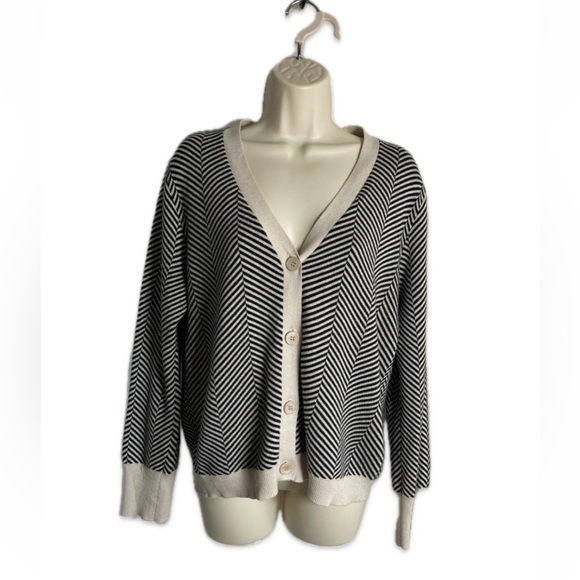 WISPR by Brodie Cashmere Cotton Silk Black Cream Herringbone Cardigan Size Large